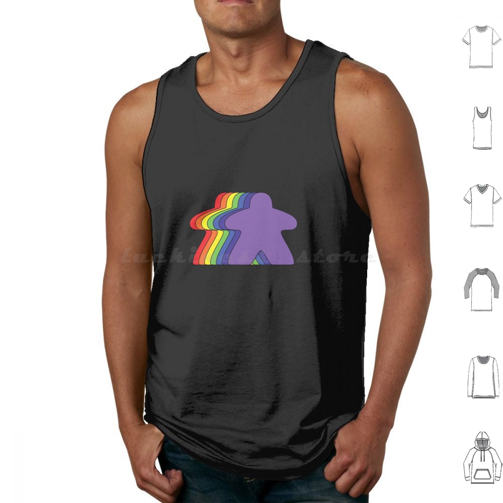Board Game Geek - Tank Top Rainbow Meeples Cetak Katun